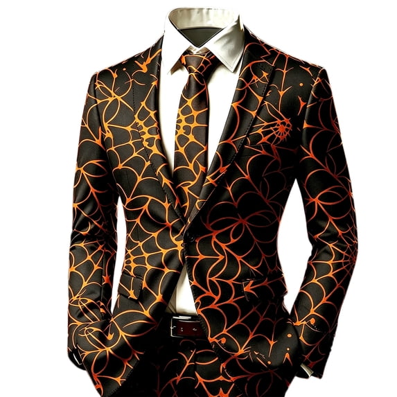 LTTVQM Mens Halloween Themed Cosplay Blazer Vintage Spooky Spider Web Print Notch Lapel Holiday Party Suit Jacket (Excluding tie and pocket decoration) Saffron 3XL