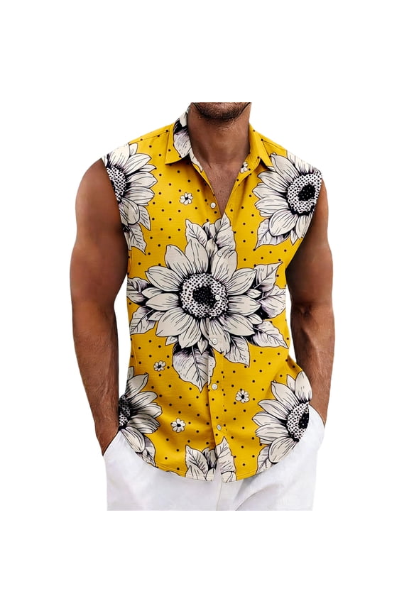 Mens Hawaiian Shirts Summer Beach Sleeveless Button Down Shirt Casual Tropical Print T Shirts Basic Clothes Hot Pink L