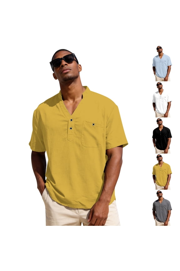 Mens Henley Shirt Short Sleeve Cotton Casual V Neck Summer Beach Shirt 2026 Fashion Beach Vacation Outdoor Tops with Pocket Gold 3XL