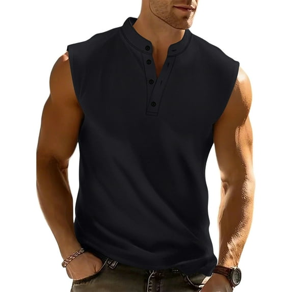 LTTVQM Mens Henley Shirts Sleeveless Spring Summer Collar Button Up Casual Tops Slim Fit Comfy Workout Fitness Athletic T-Shirts Black XL