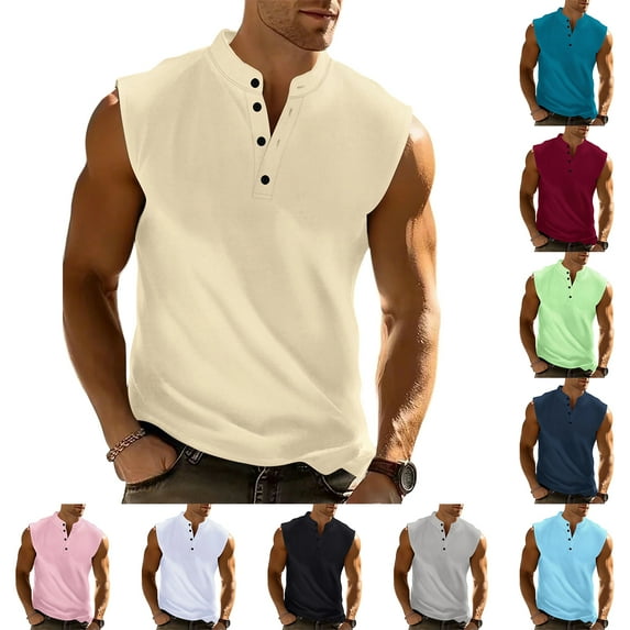 LTTVQM Mens Henley Shirts Sleeveless Spring Summer Collar Button Up Casual Tops Slim Fit Comfy Workout Fitness Athletic T-Shirts Khaki 3XL
