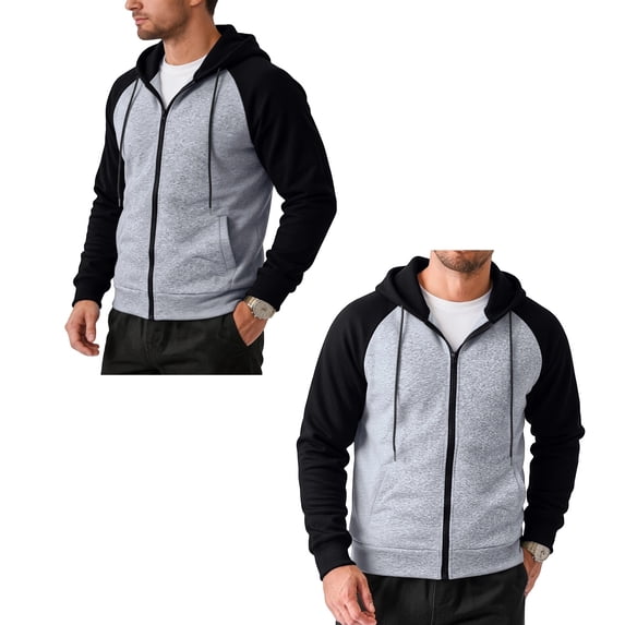 LTTVQM Mens Hoodie Raglan Contrast Full Zip Fleece Hoodie Loose Fit Casual Daily Leisure Sweatshirt Light Gray L