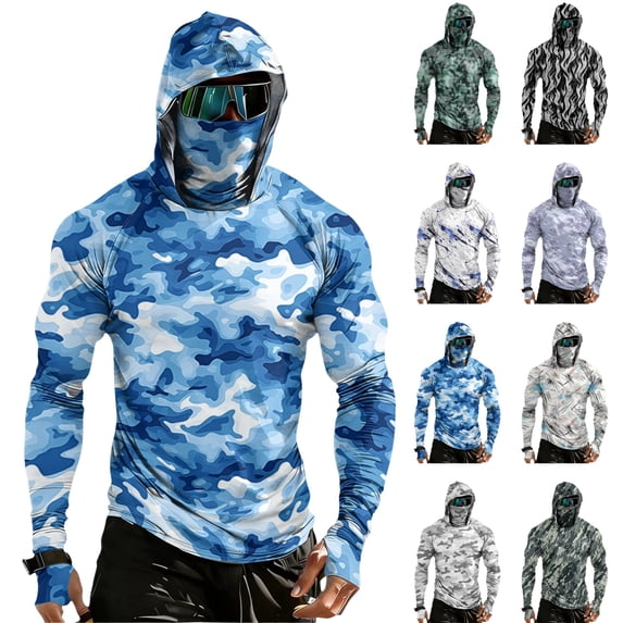 LTTVQM Mens Hoodies with Face Mask UPF 50+ Sun Protection Camo Long Sleeve Shirts Rash Guard Breathable Running Workout T Shirts Blue L