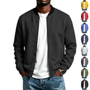 LTTVQM Mens Jacket Ribbed Collar And Cuffs Solid Color Full Zipper Bomber Outerwear Long Sleeve Men Daily Walking Casual Tops Black L