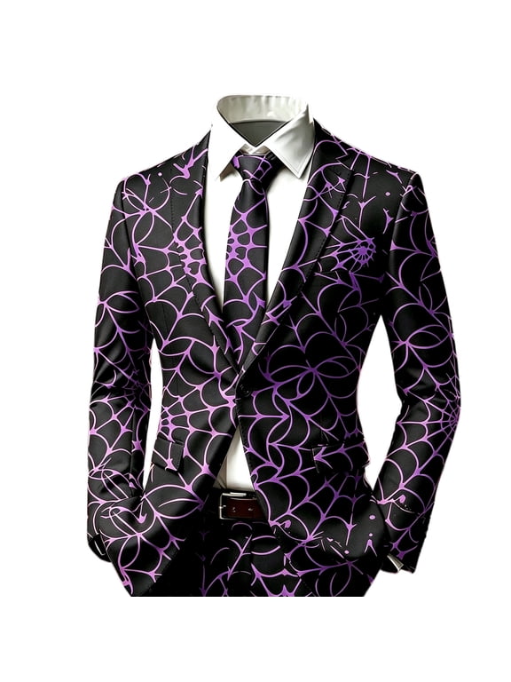 Mens Light Single Button Lapel Suit Jacket Halloween Spider Web Full Print Holiday Party Blazer (Excluding tie and pocket decoration) Purple XL