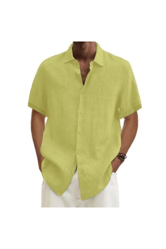 Mens Linen Shirts Short Sleeve Button Down Casual Tshirts Summer Vintage Comfy Boho Beach Holiday Hawaiian Shirt Yellow 3XL