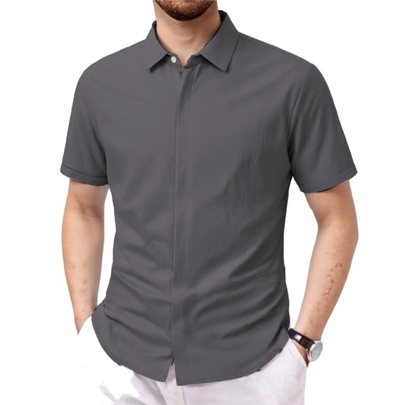 LTTVQM Mens Linen Shirts Short Sleeve Spring Summer Regular Fit Lightweight Untucked Button Down Shirt Gray 3XL