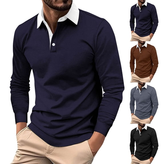 LTTVQM Mens Long Sleeve Polo Shirt Button Down Classic Pullover Fashion for Men Polos with Contrast Collar Navy 3XL