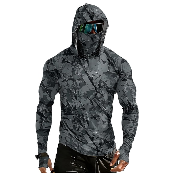 LTTVQM Mens Long Sleeve Shirts with Face Cover UPF 50+ Sun Protection Camo Hoodie Fishing Rash Guard Lightweight Shirts Workout Fashion Outfits Gray L