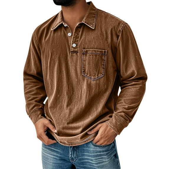LTTVQM Men's Fall Fashion Retro Washed Distressed Cotton Lapel Long Sleeve Polo Shirt Brown 3XL