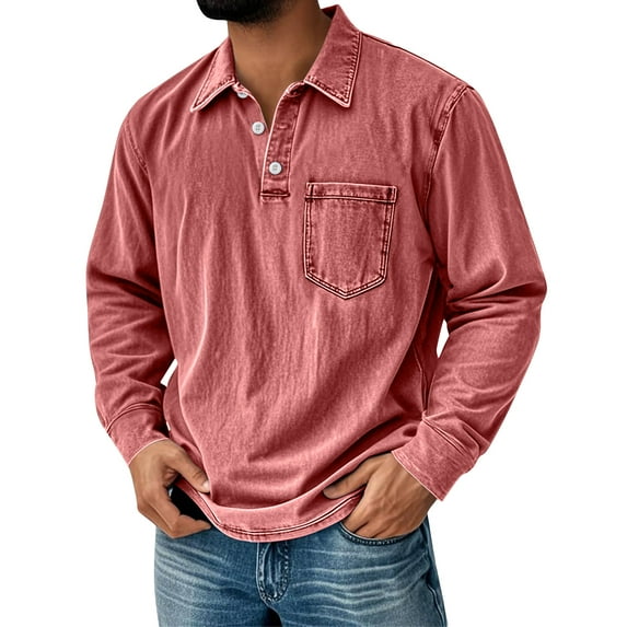 LTTVQM Mens Long Sleeve Shirts, Men's Retro Distressed Lapel Stand Collar Pocket Casual Long-Sleeved Shirt Pink XL