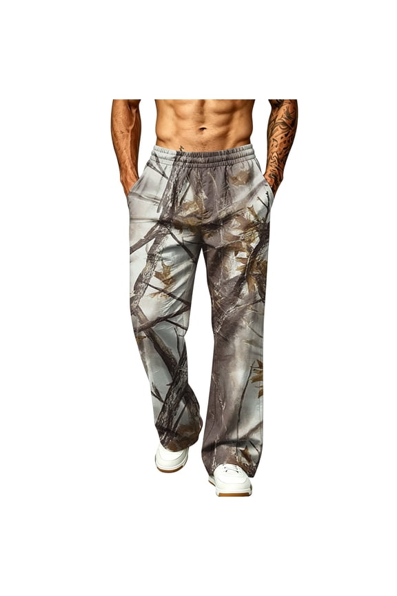 Mens Loose Fit Camo Trousers Nature Rural Scenic Realtree Leaf Camo All Over Sublimation Print Adjustable Drawstring Fishing Outdoor Wide Leg Full Length Trousers Camel 2XL