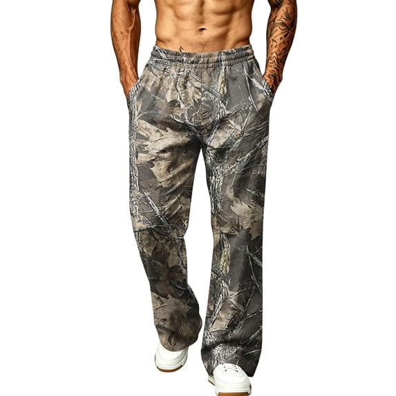 LTTVQM Mens Loose Fit Camo Trousers Oak Leaf Realtree Camo Deep Side Pockets Lightweight Woven Fabric Mens Daily Outdoor Walking Pants Brown L