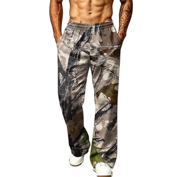 LTTVQM Mens Loose Fit Camo Trousers Soft Wild Realtree Leaf Camo All Over Tree Print Loose Fit Outdoor Fishing Wide Leg Trousers Gray XL
