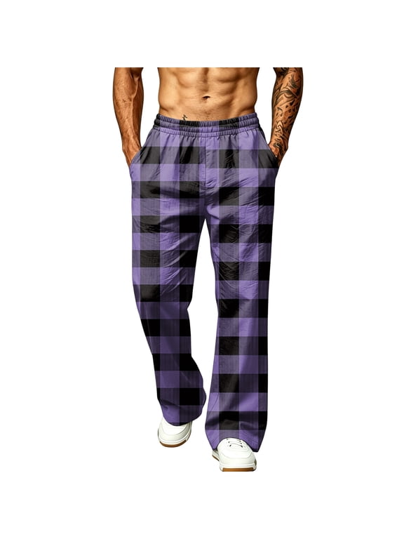 Mens Loose Fit Check Trousers Casual Daily Buffalo Plaid Multi Utility Side Pockets Elastic Waistband Summer Beach Full Length Trousers Purple XL