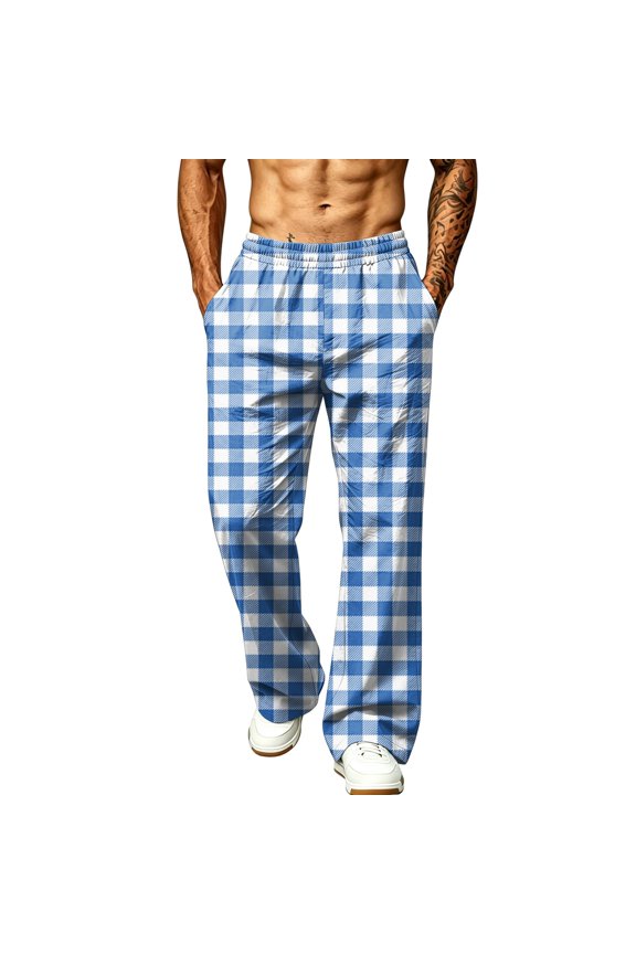 Mens Loose Fit Check Trousers Simple Buffalo Line Plaid Deep Side Pockets Lightweight Woven Fabric Mens Daily Walking Pants Blue L