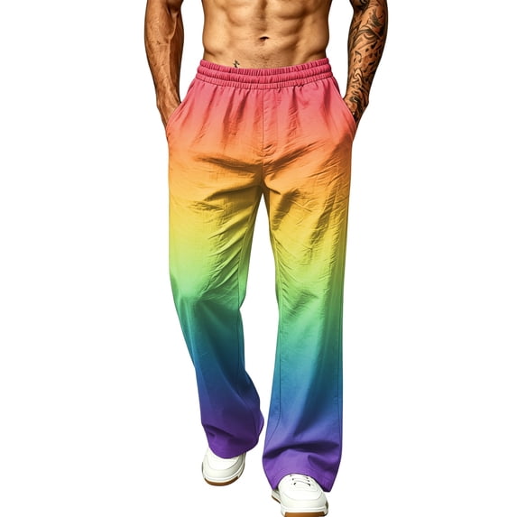 LTTVQM Mens Loose Fit Gradient Trousers Daily Wear Ombre Fade Loose Relaxed Fit Drawstring Waist Outdoor Beach Camping Trousers Multicolor M