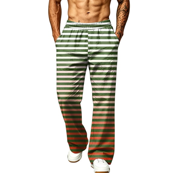 LTTVQM Mens Loose Fit Stripe Trousers Casual Daily Horizontal Striped Multi Utility Side Pockets Elastic Waistband Summer Beach Full Length Trousers Yellow XL