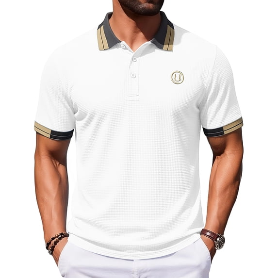 LTTVQM Mens Outdoor Activity Contrast Cuff Embroidered Waffle Polo Shirt Lightweight Cooling Short Sleeve Collared Top Summer Breathable Soft Golf Casual Wear White 2XL