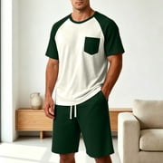 LTTVQM Mens Pajamas Set Comfort Soft 2 Piece Sleepwear Short Sleeve Tops Plaid Shorts Mens Loungewear Sets Lightweight Sleep Sets with Pocket Dark Green M
