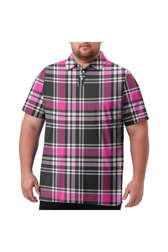 Mens Popular Retro Plaid Sport Shirt Big & Tall Short Sleeve Collared All Season Soft Breathable Top Pink 2XL
