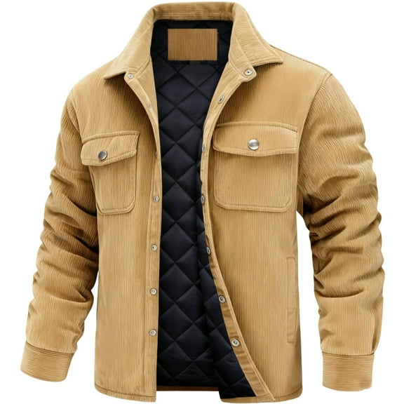 LTTVQM Mens Quilted Jacket with Corduroy Collar Winter Thermal Thicken Retro Trucker Jacket Outdoor Work Shacket Windbreaker Khaki XL