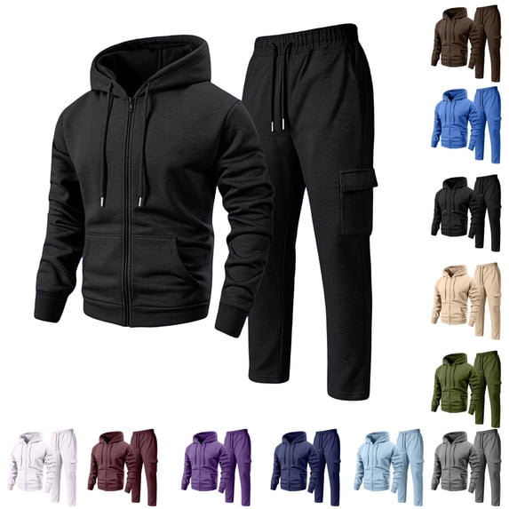 LTTVQM Mens Relaxed Fit 2 Piece Outfit Fleece Solid Full Zip Hoodie And Elastic Waist Cargo Straight Pants Daily Casual Clothes Black 2XL