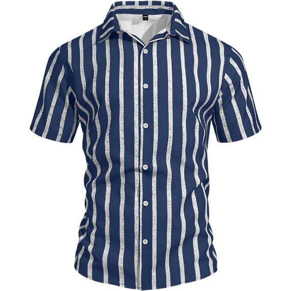 LTTVQM Mens Retro Stripe Button Down Shirt Short Sleeve Lightweight Breathable Tops Casual Clothing Everyday Wear Blue M
