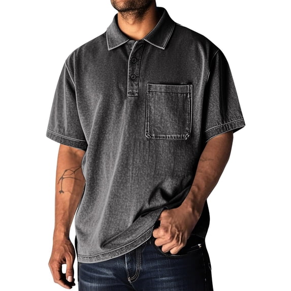 LTTVQM Mens Shirt Chest Pocket Pigment Washed Polo Neck Short Sleeve Top Light Daily Travel Casual Blouses Black M