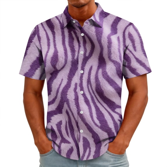 LTTVQM Mens Shirt Lapel Neck Wild Mixed Animal Pattern Short Sleeve T-Shirt Light Full Button Outdoor Weekend Casual Blouses Purple M