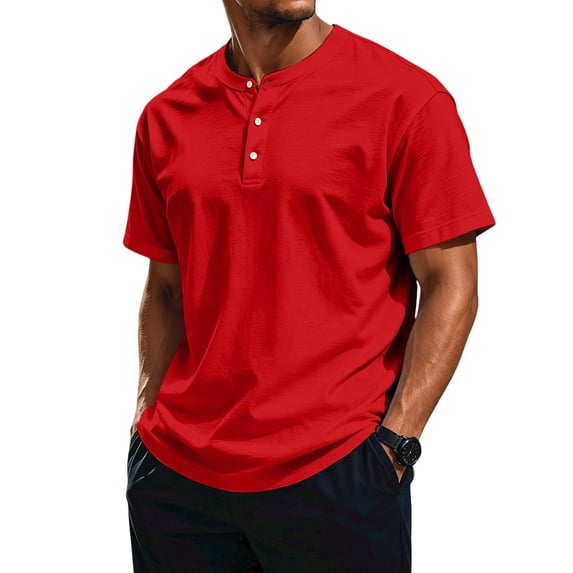 LTTVQM Mens Shirt Three Button Henley Neck Short Sleeve T-Shirt Light Breathable Summer Outdoor Casual Blouses Red L