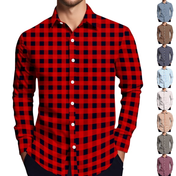 LTTVQM Mens Shirts 2026 Plaid Print Loose Fit Button Down Shirts Regular Fit Long Sleeve Tops Collar Summer Trendy Clothing Red M