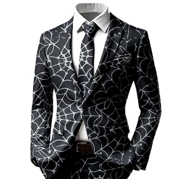 LTTVQM Mens Single Breasted Notch Lapel Suit Jacket Halloween Retro Spider Web Print Fashion Holiday Party Blazer (Excluding tie and pocket decoration) Black M