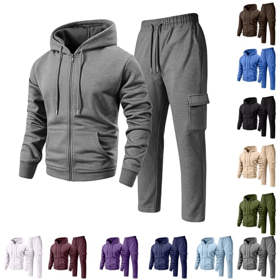 LTTVQM Mens Solid Color Full Matching Fleece Sweat Suit Full Zip Hoodie And Elastic Waist Multi-Pocket Cargo Straight Pants Daily Clothes Gray L