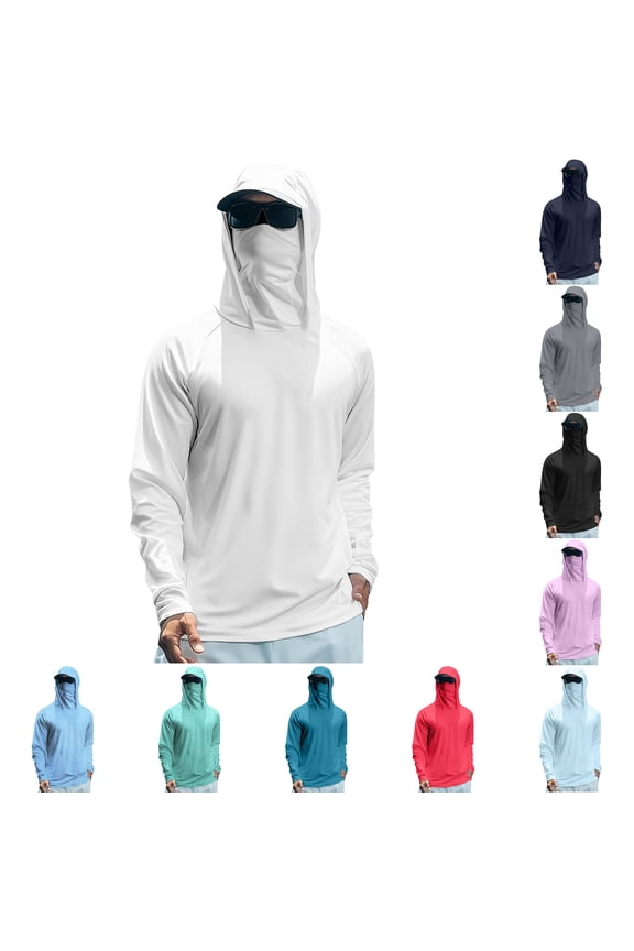 Mens Sun Protection Fishing Shirts UPF 50+ Long Sleeve Hoodie with Face Mask UV Rash Guard Lightweight Quick Dry Hiking Shirt White XL