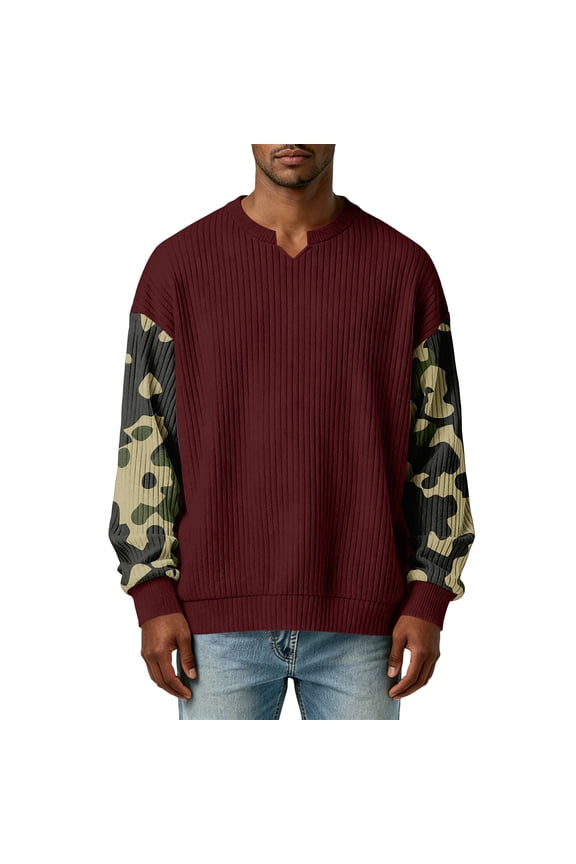 Mens Sweatshirts Shirt Casual Long Sleeve Pullover Camo Color Block Comfortable Ribbed Knit T Shirts Spring Trendy V Neck Clothes Wine S