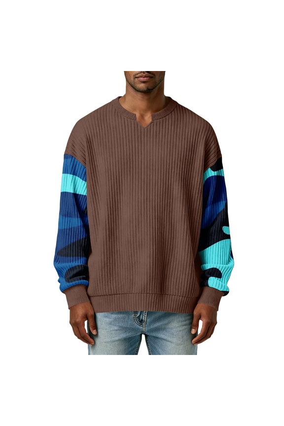 Mens Sweatshirts Shirt Casual Long Sleeve Pullovers Camo Color Block Holiday Ribbed Knit Tee Spring Fashion V Neck Clothes Coffee XL