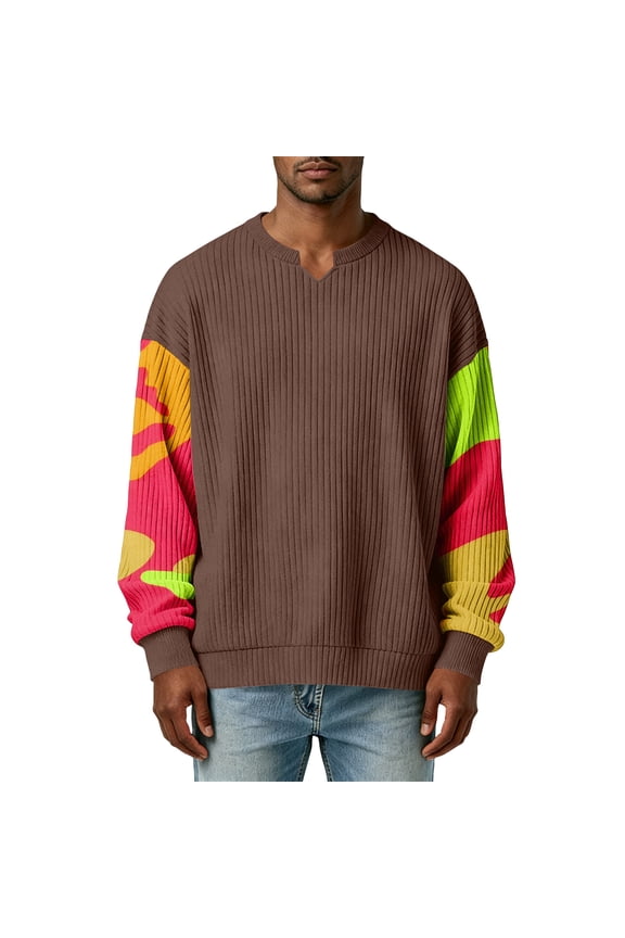 Mens Sweatshirts Shirt Casual Long Sleeve Pullovers Color Block Camo Boho Ribbed Knit Tee Spring Fashion V Neck Clothing Coffee 2XL