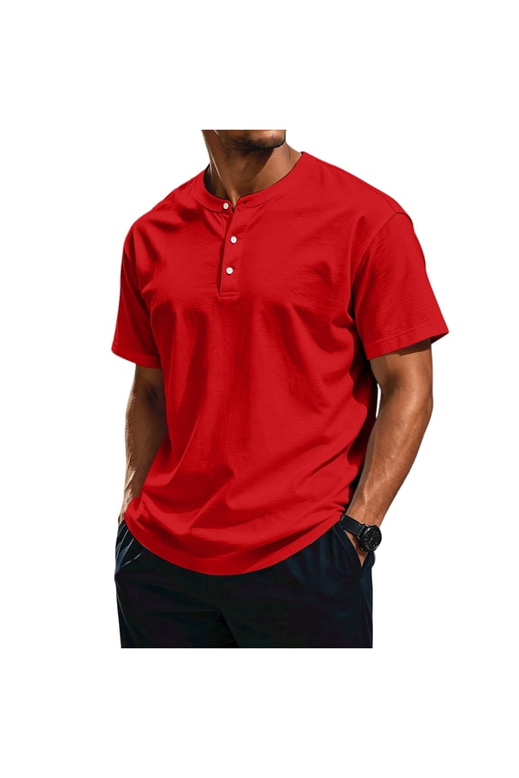 Mens Tee Henley Neck Short Sleeve Shirt Three Button Soft Light Outdoor Walking Tops Red 3XL