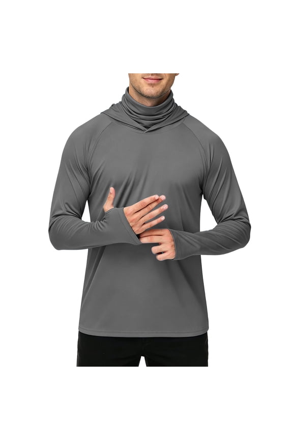 Mens Thin Cooling Sun Hooded Rash Guard Shirt Attached Balaclava Face Mask UV Protection for Hiking Backpacking Dark Gray 4XL