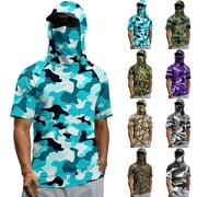 LTTVQM Mens UPF 50+ Sun Protection Shirts with Face Mask Short Sleeve Hoodie Uv Rash Guard Lightweight Fishing Shirts Summer Cooling Hiking Shirt Light Blue M