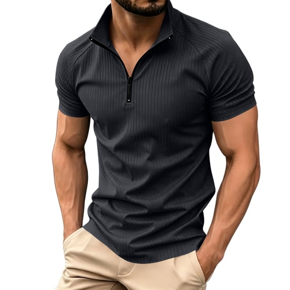 LTTVQM Mens Vacation Casual Vertical Rib Polo Tee Half Zip Stand Collar Slim Fit Solid Color Summer Tops Dark Gray S
