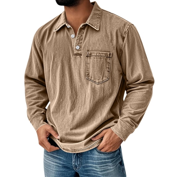 LTTVQM Mens Vintage Polo Shirts Long Sleeve Classic Fit Pullover Shirts Fall Lapel Button Tops Casual Retro Distressed Tee Top Khaki 2XL