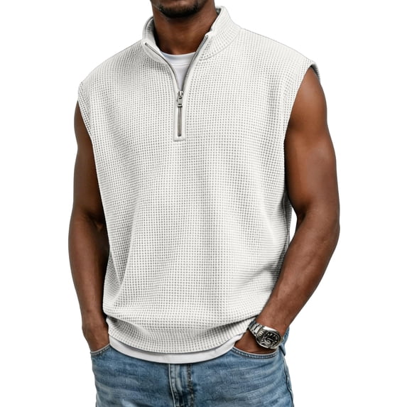 LTTVQM Mens Waffle Cut Off Shirts 2026 Quarter Zip Pullover Tank Tops Summer Casual Gym Muscle Sleeveless Shirts White S