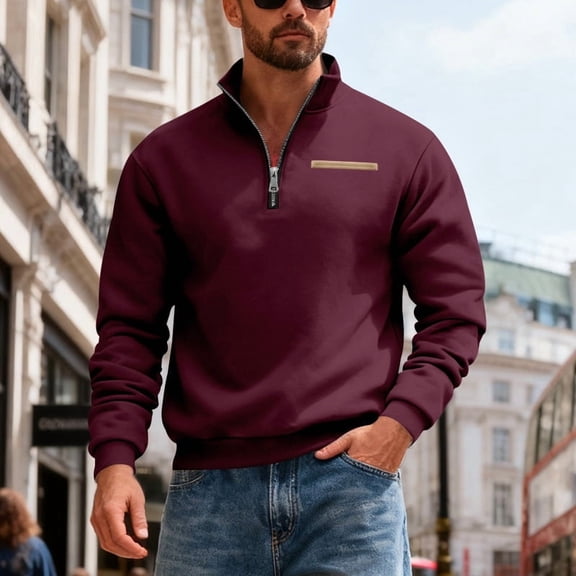 LTTVQM Mens Western Sweatshirts 2026 Quarter Zip Up Jackets Western Fleece Long Sleeve Stand Collar Sweatshirt Pullover Wine 3XL