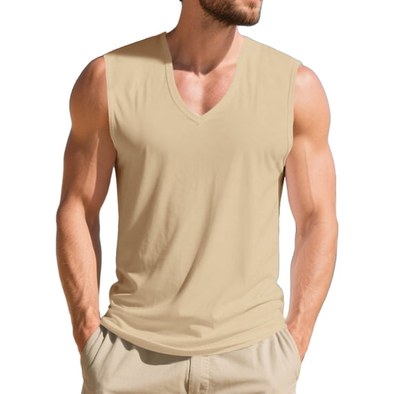 LTTVQM Mens Workout Tank Tops V Neck Sleeveless Shirt Soft Stretchy Muscle Shirts Athletic Beach Vacation Outfits Khaki 3XL