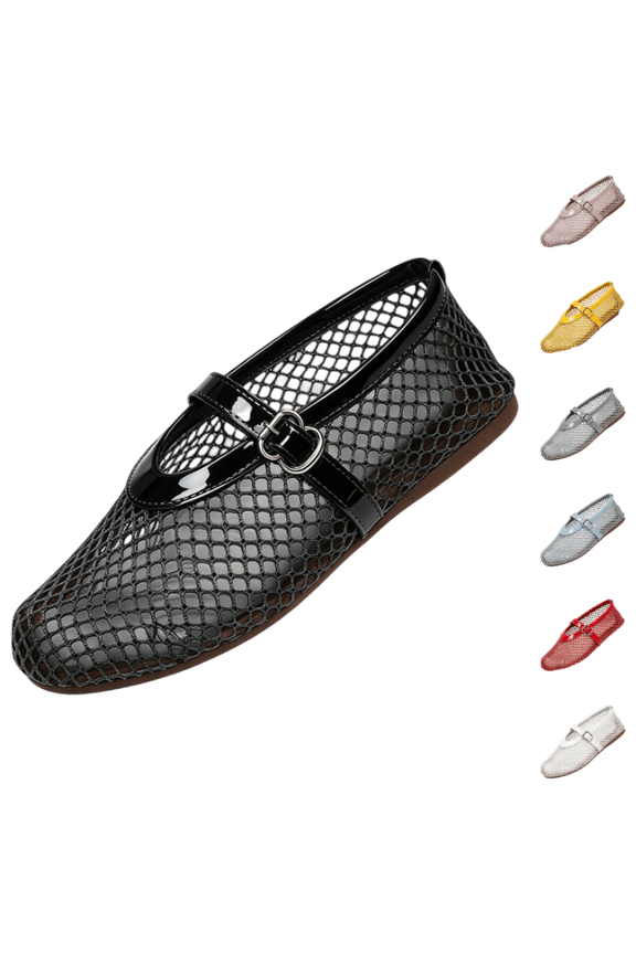 Mesh Ballet Flats for Women Mesh Lightweight Breathable Flats Shoes with Buckle Strap Casual Comfy Fishnet Shoes Black 39(US-7.5)