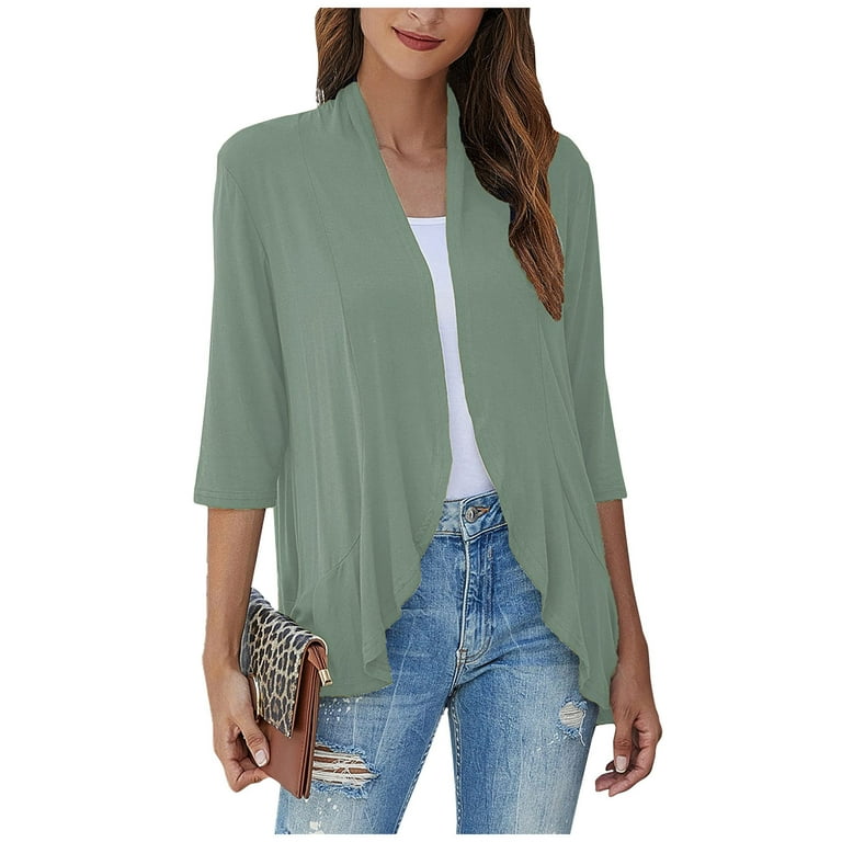 LTTVQM Mint Green Green Cardigan Women Lightweight 3 4 Sleeve Long Bohemia Kimono Cardigans Homewear Spring Collarless Solid Colored Loose Peplum Open