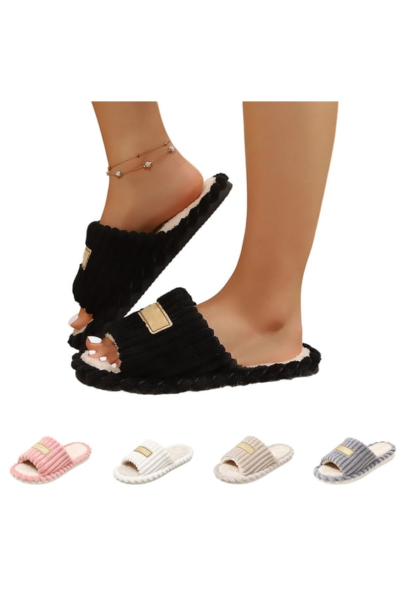 Open Toe Slippers for Women Corduroy Memory Foam Slip-On Plush Cozy Slipper Soft Anti-Skid Comfy Indoor Outdoor Bedroom House Shoes Black 38-39(US-7-7.5)