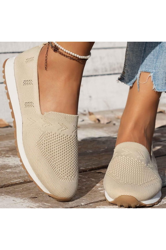 Orthopedic Shoes for Women Arch Support Slip on Non Slip Running Shoes Lightweight Knitted Mesh Stretch Walking Shoes Comfort 2026 New Orthopedic Shoes Beige 38(US-7)